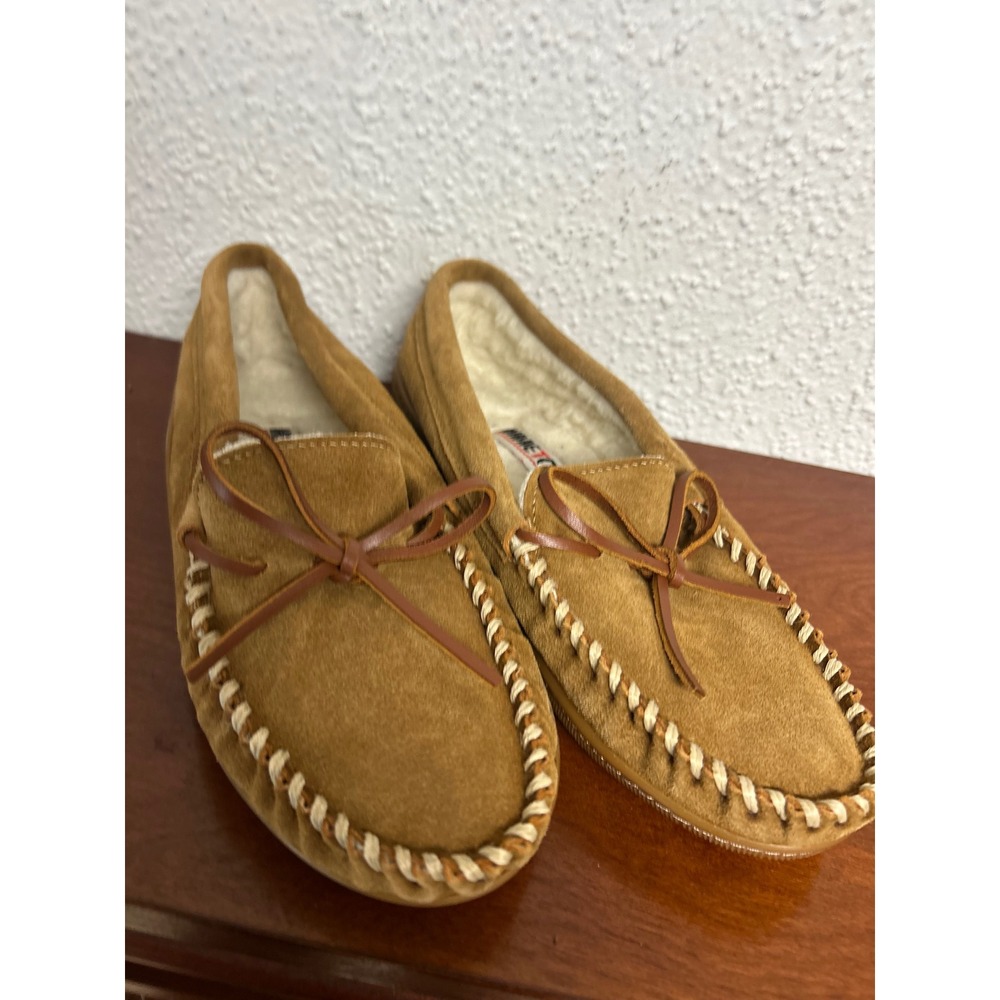 Minnetonka Cally Tan Suede Faux Fur Lined Moccasin Slippers 4061 Womens 7